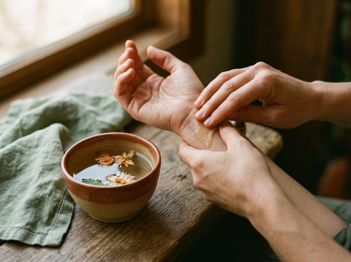 Hands gently rubbing diluted oil into wrist, ceramic bowl of warm water with floating petals, sage green tea towel, calm domestic ritual scene