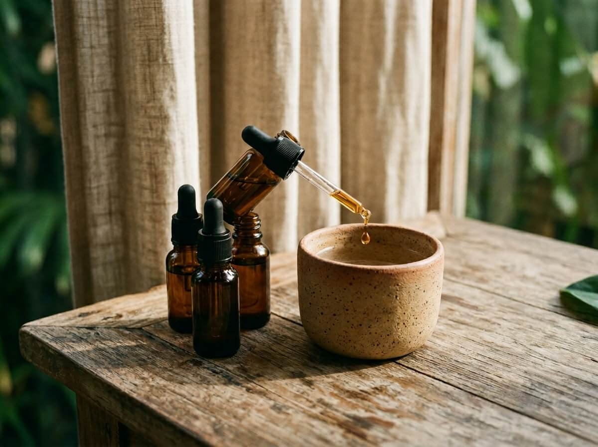 Three small amber dropper bottles on a worn wooden table, one being added drop by drop to a ceramic diffuser, soft afternoon sunlight, warm and lived-in