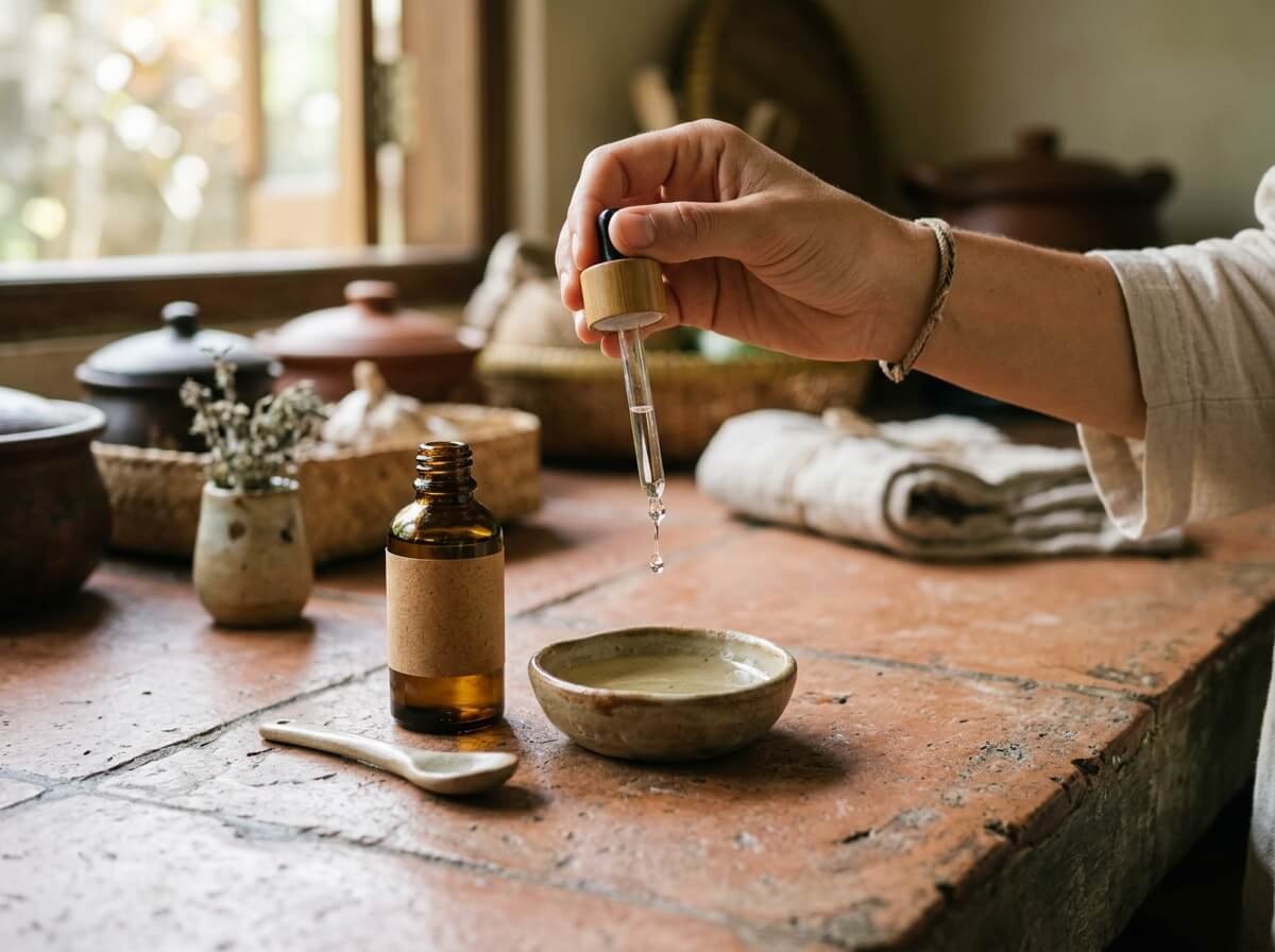 Glass dropper bottle beside a small dish of fractionated coconut oil, careful hand measuring a single drop, calm afternoon kitchen counter, documentary style