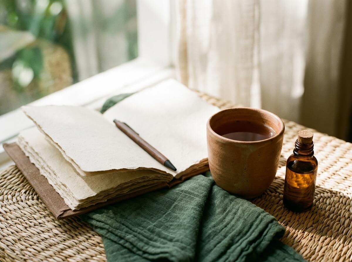 essential oils for stress and anxiety arranged with a journal, a clay cup of tea, and a small woven mat by a sunlit window, contemplative quiet morning