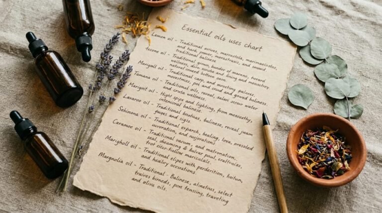 essential oils uses chart laid out with botanical samples on linen