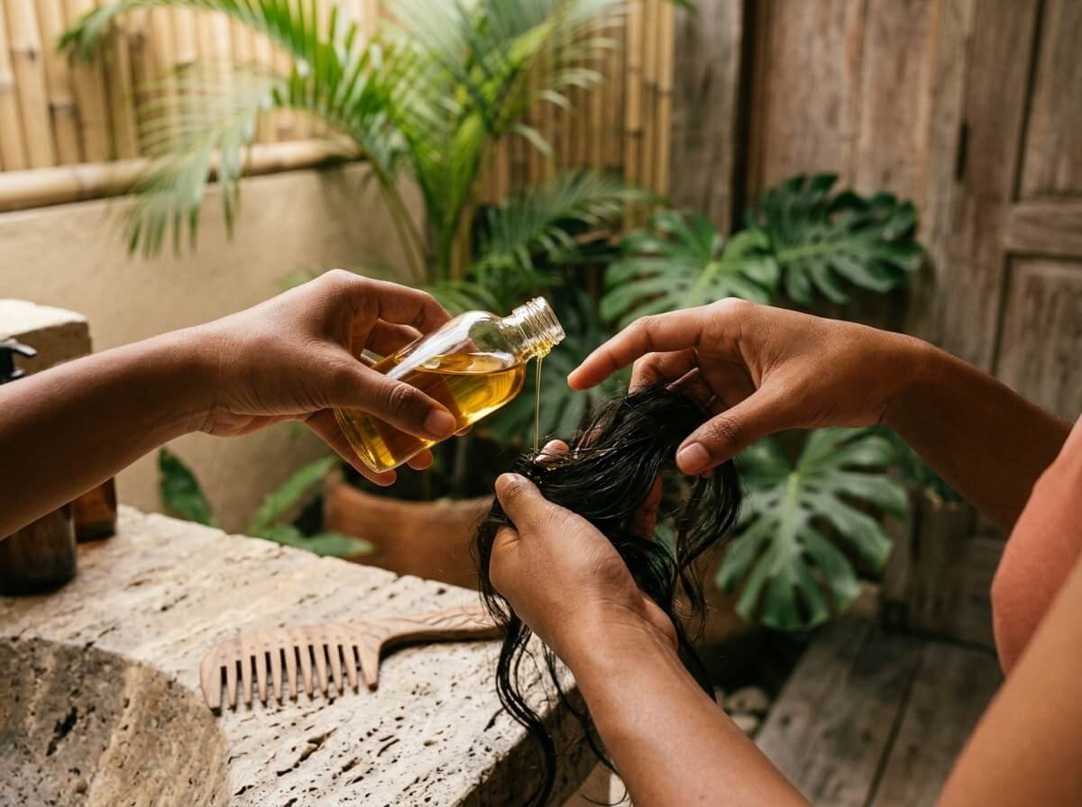 applying natural hair oil as part of a botanical self-care ritual