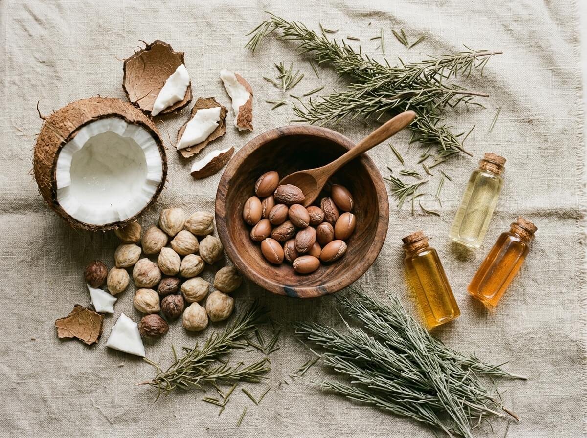 natural hair oil ingredients including coconut and argan on linen