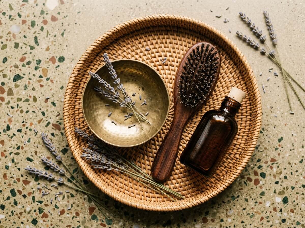 natural hair oil ritual items arranged in Balinese wellness style