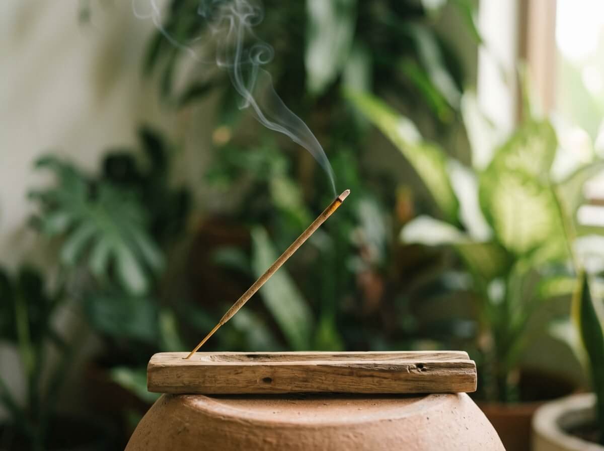 natural incense sticks burning in wooden holder