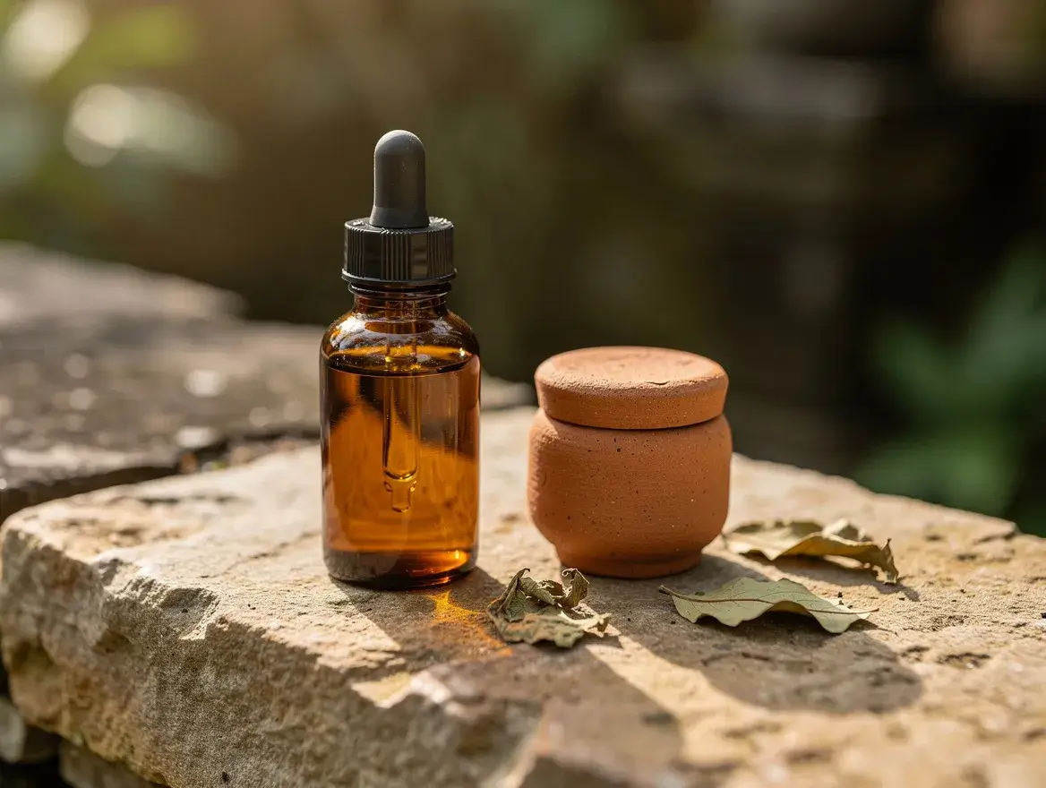 amber dropper bottle and clay refill jar for storing kukui oil