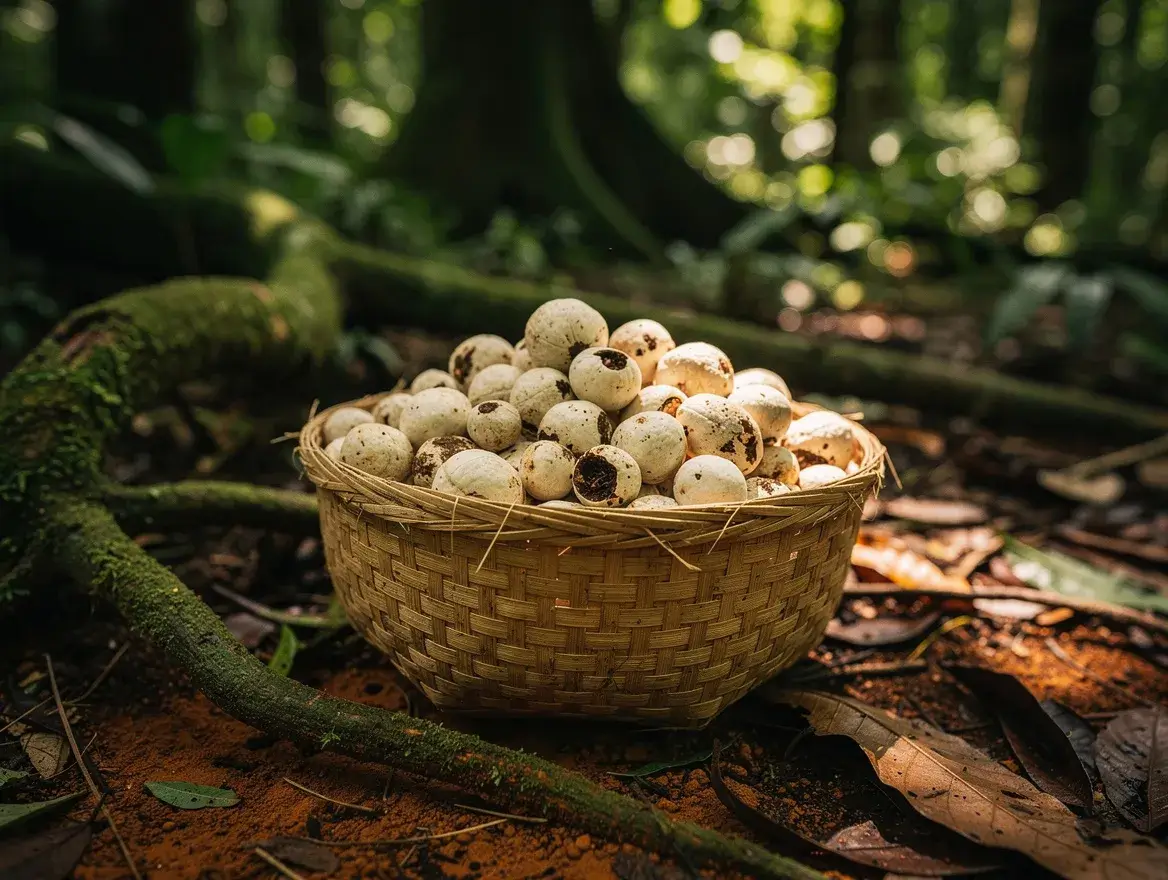 wild-harvested candlenuts in a rainforest harvest basket for kukui oil