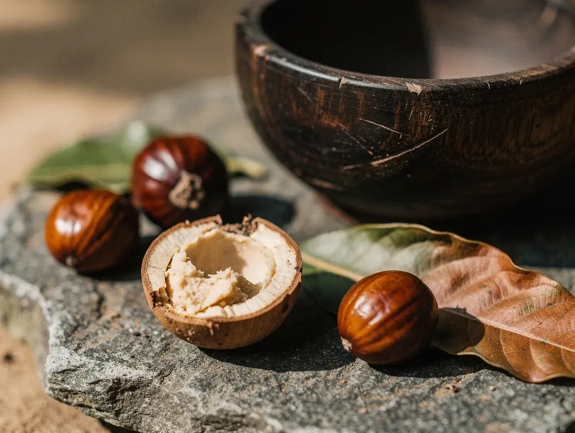 whole and halved kukui candlenuts on stone