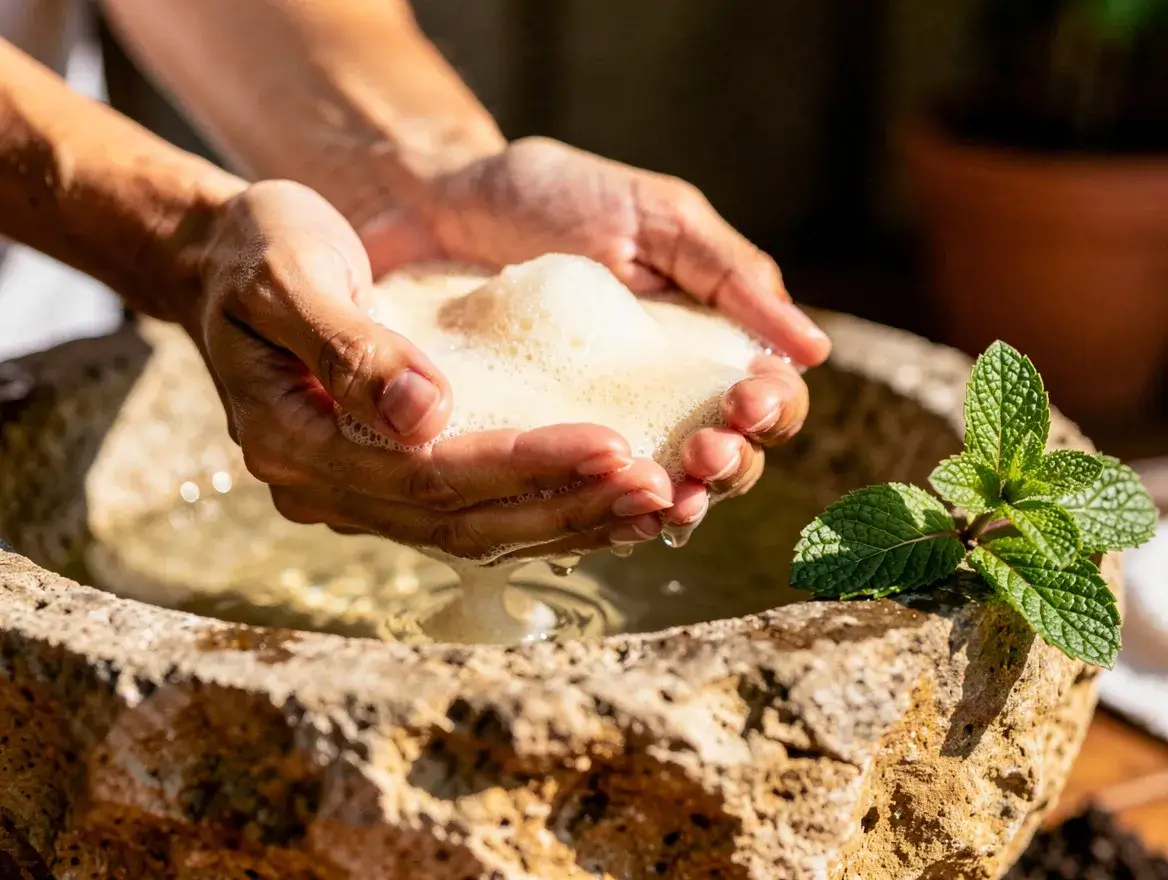 hands cupping coconut body wash lather over a stone basin