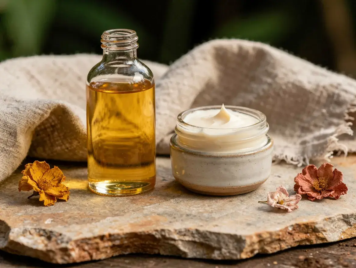 Natural body oil bottle beside a jar of body lotion on stone