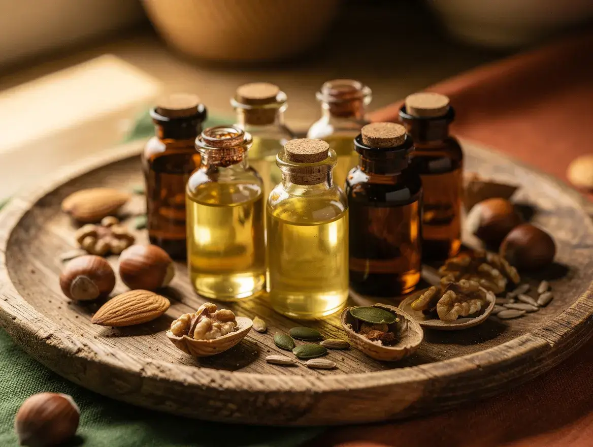 Glass vials of different botanical carrier oils on a wooden tray