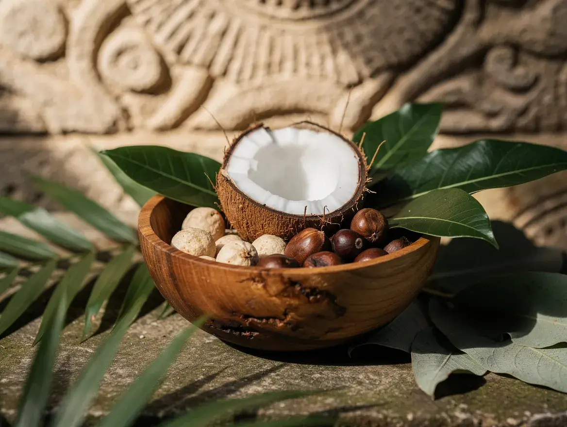 Coconut, candlenut, and tamanu seeds in a carved Balinese bowl