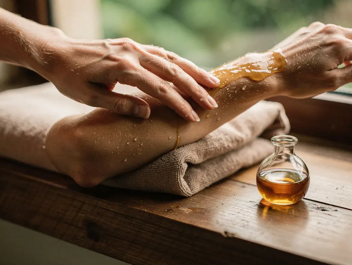 Applying a natural body oil to damp skin after a shower
