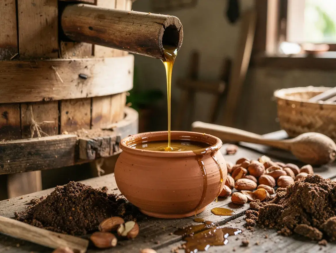 Traditional cold-press mill extracting natural oil