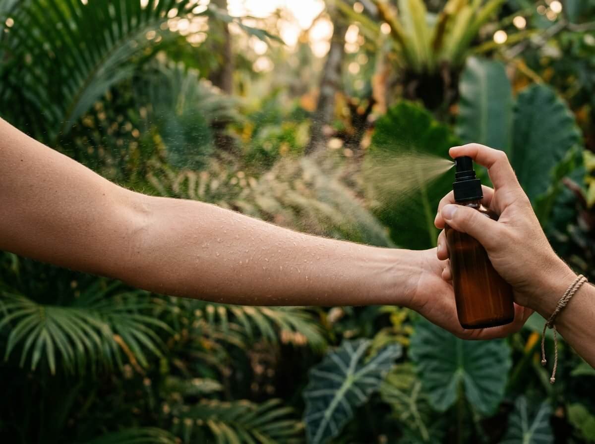 applying natural bug repellent spray to skin outdoors