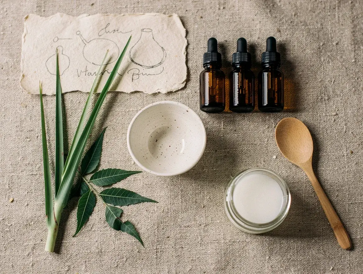 flat lay of essential oil dropper bottles and botanicals for blending a natural insect repellent