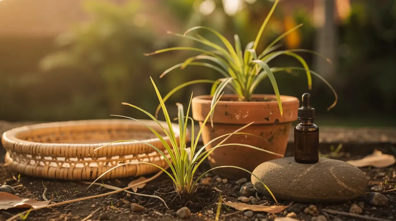 natural bug repellent plants growing in a Balinese garden beside a glass bottle of essential oil