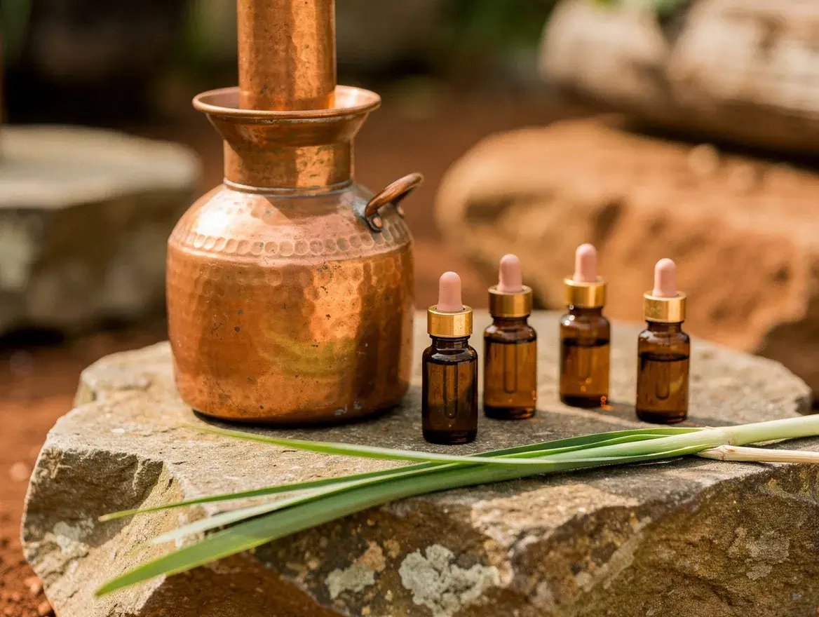 copper essential oil still and amber dropper bottles for botanical extraction
