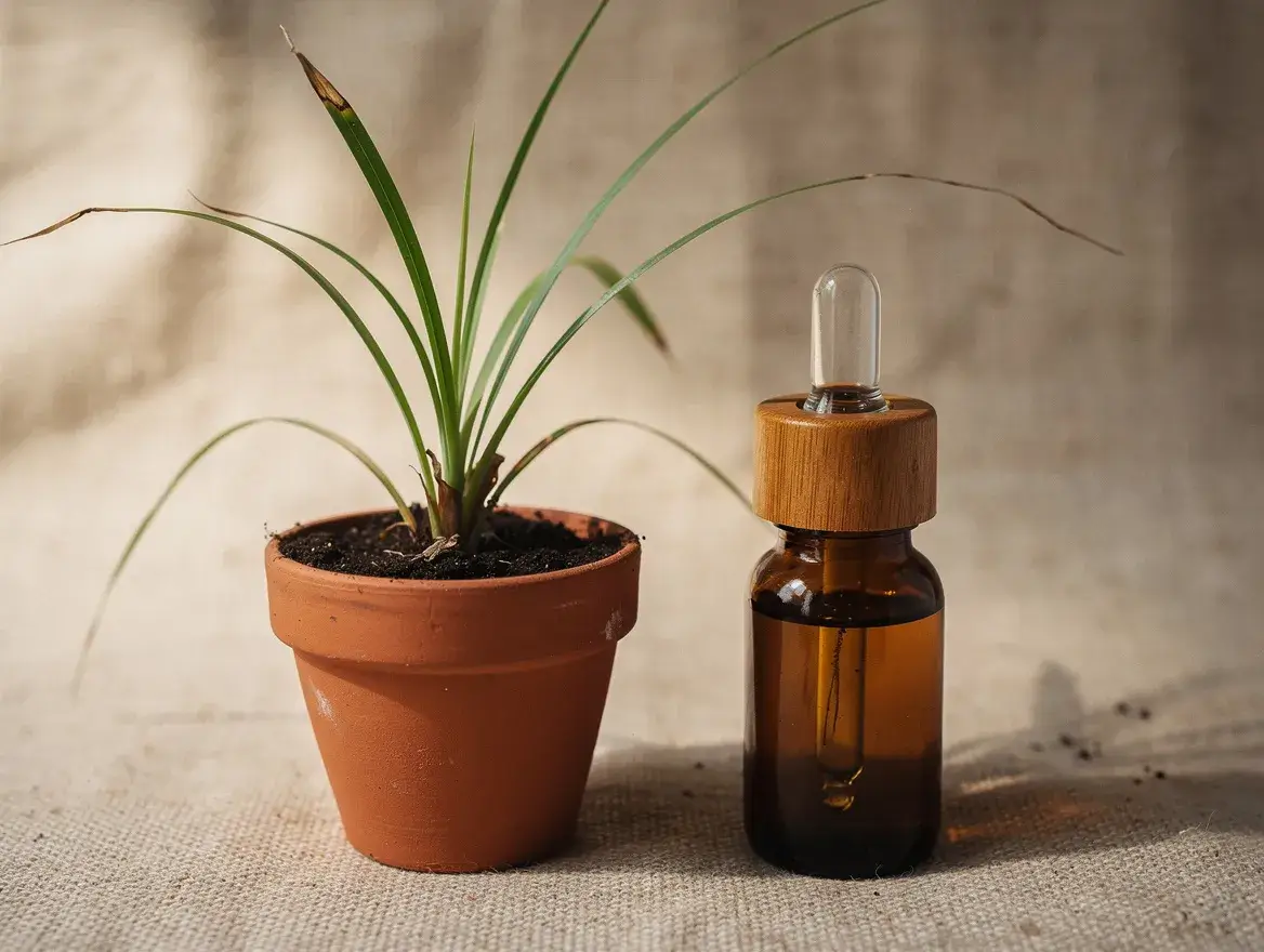 a living lemongrass plant beside an amber bottle of essential oil on linen