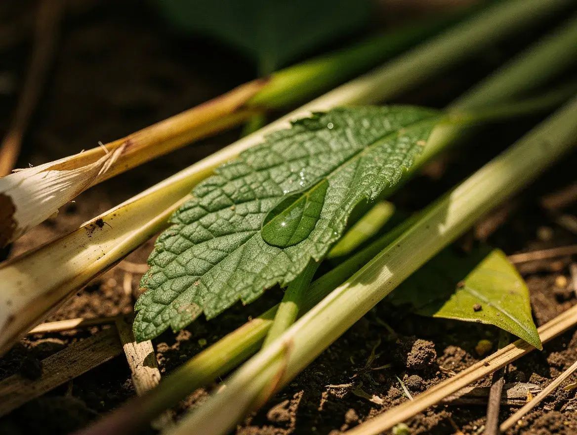 macro close-up of citronella leaf with essential oil droplet