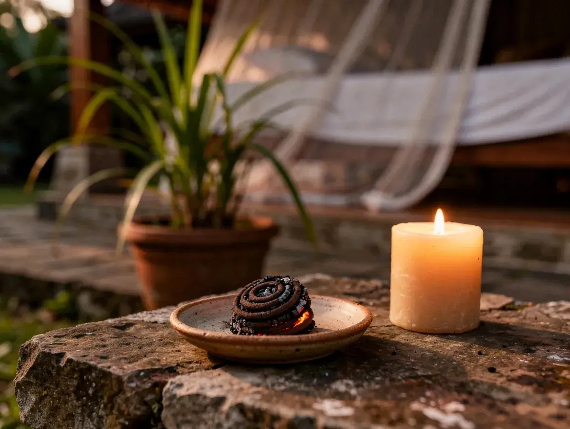 Balinese evening patio with natural incense and candle for seasonal outdoor protection