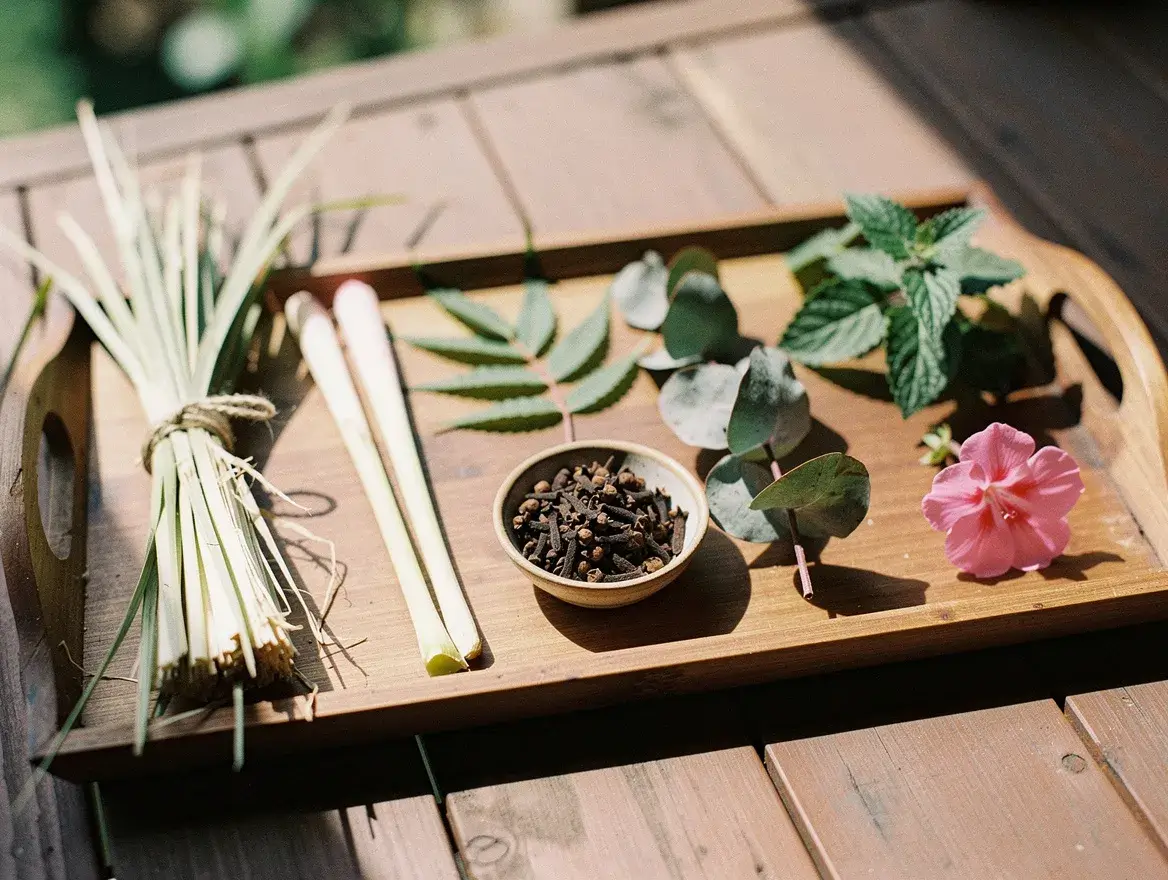 natural bug repellent plants including citronella lemongrass neem clove eucalyptus patchouli and geranium on a wooden tray