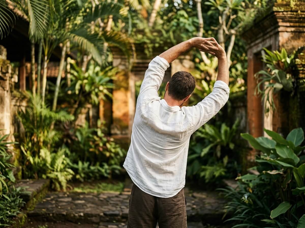 Active man in tropical setting representing natural deodorant confidence