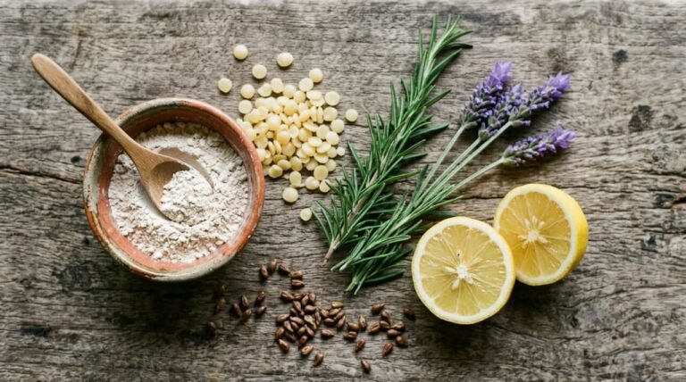 Natural deodorant for men ingredients including arrowroot, beeswax, rosemary, and lemon on a wooden surface