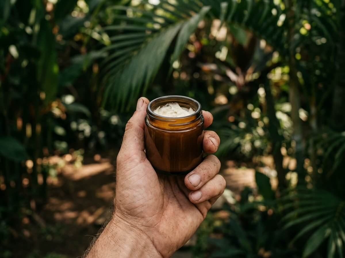 Man holding natural deodorant balm in a tropical garden setting