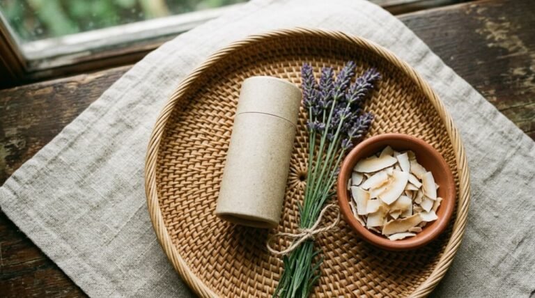 natural deodorant for women with botanical ingredients on rattan tray