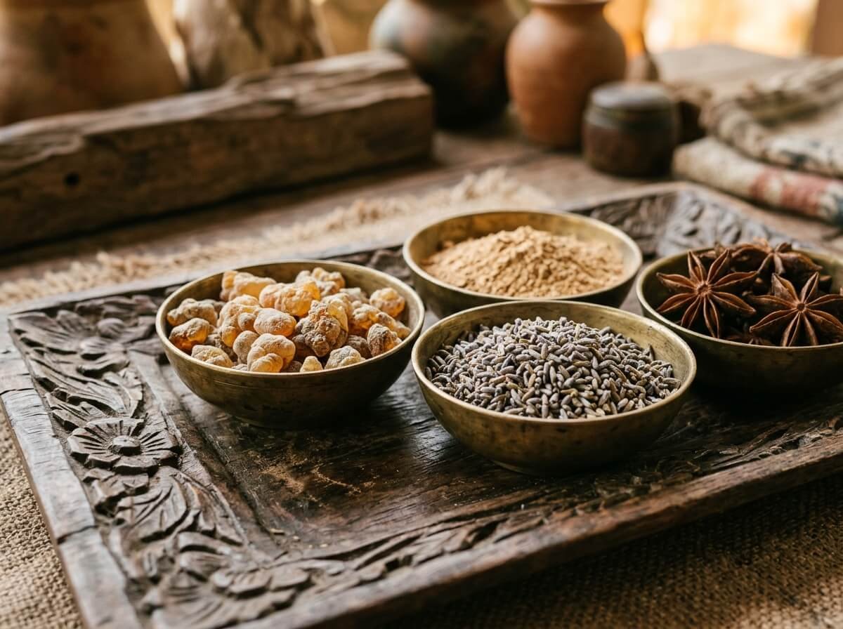 raw natural incense ingredients in brass bowls