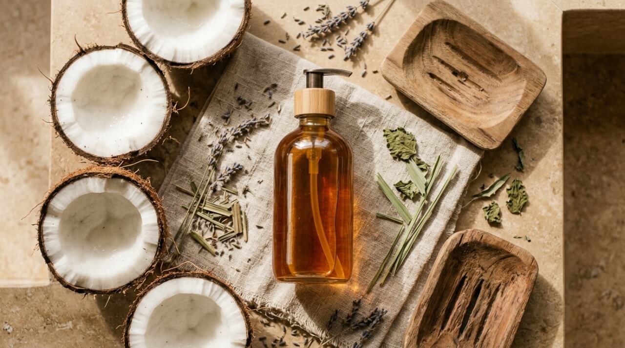 natural liquid body soap in glass bottle with coconut and herbs