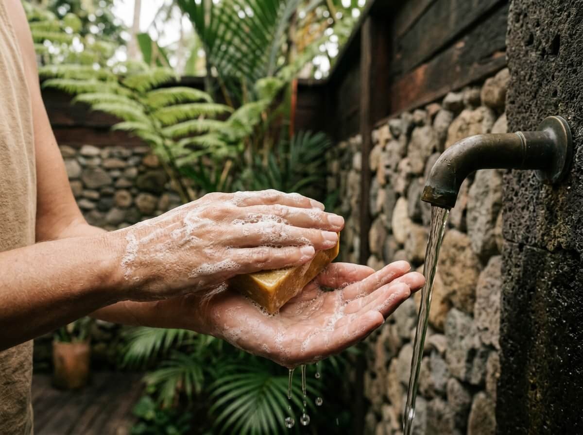 using natural liquid body soap in Balinese outdoor shower
