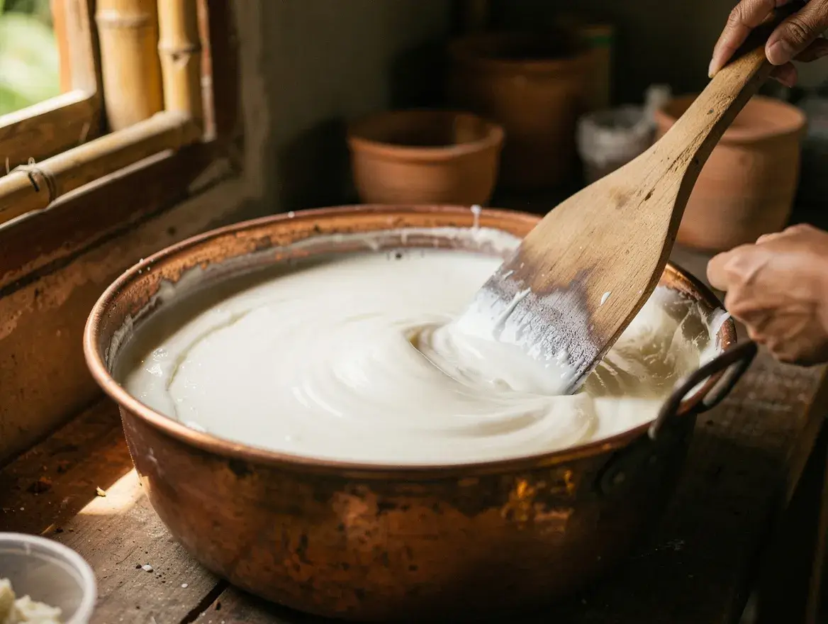 coconut oil saponification process in Balinese workshop
