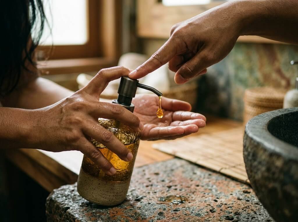 natural liquid body soap being dispensed from glass pump bottle