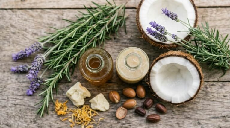 natural shampoo and conditioner bottles with botanical ingredients