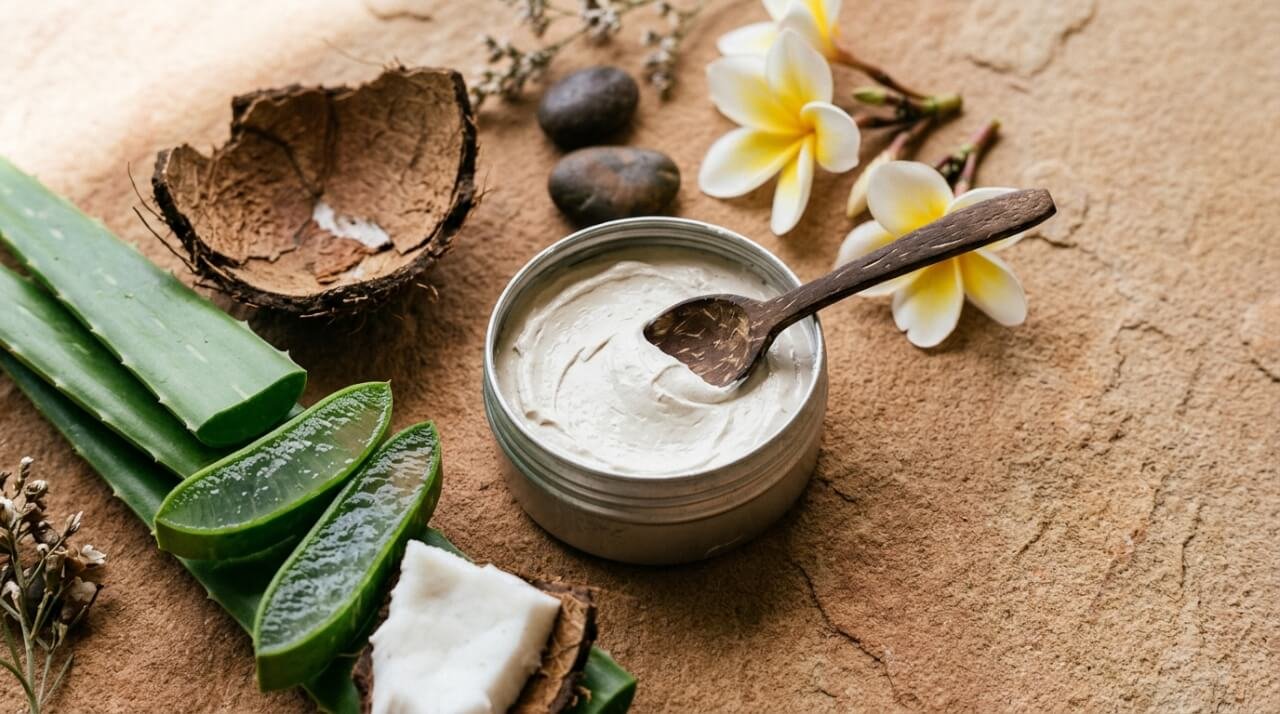 natural sunscreen without chemicals on stone surface with botanical ingredients