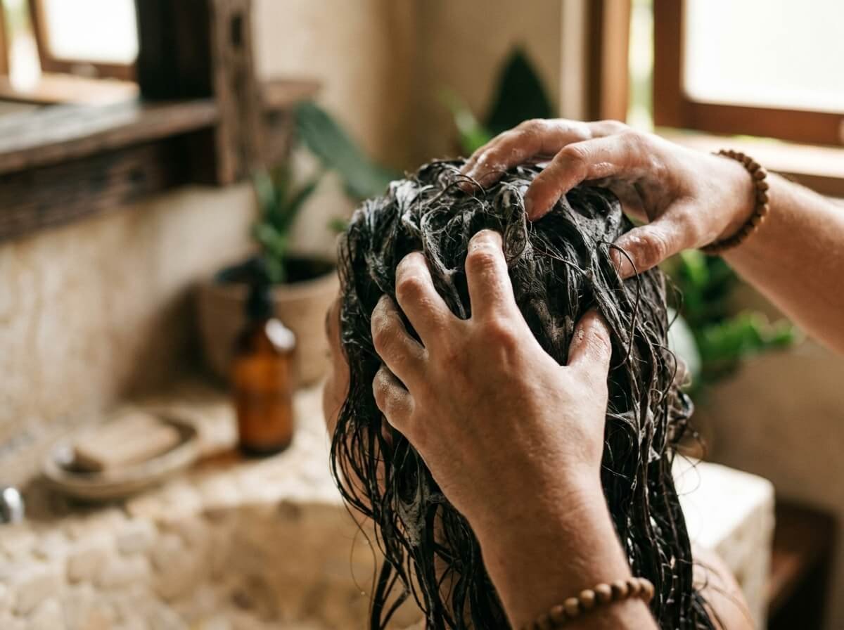 gentle lathering of natural shampoo showing clean foam