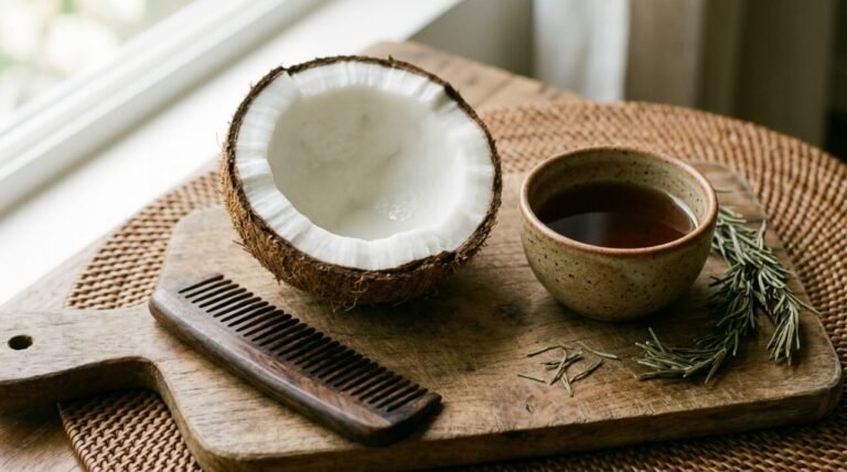 natural shampoo for hair loss ingredients on a wooden tray