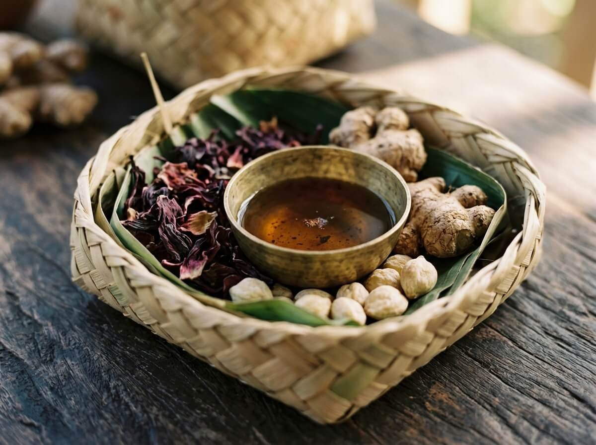 Balinese herbal hair wash ingredients in woven basket