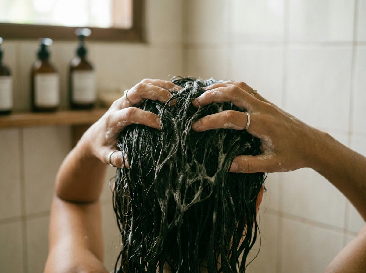 hands massaging natural shampoo into scalp