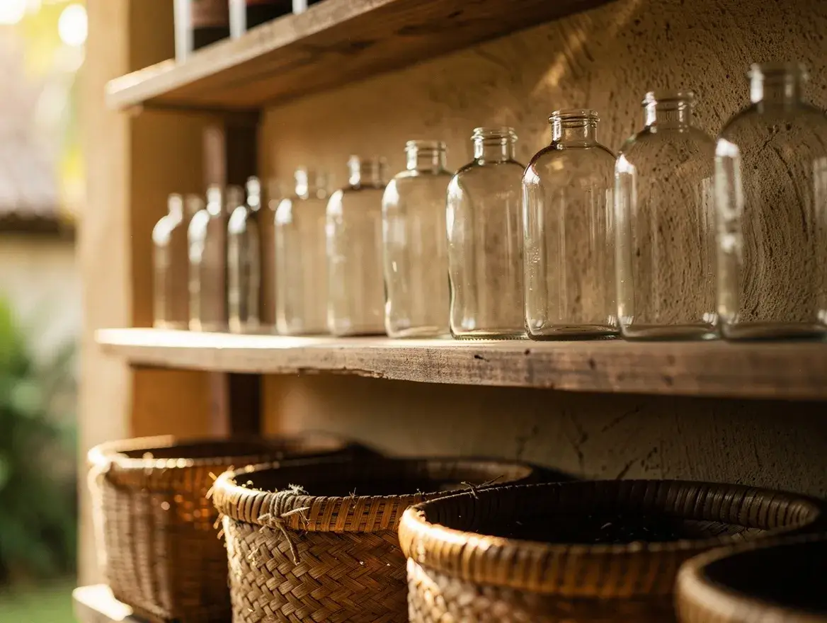 row of refillable glass bottles on a Balinese apothecary shelf