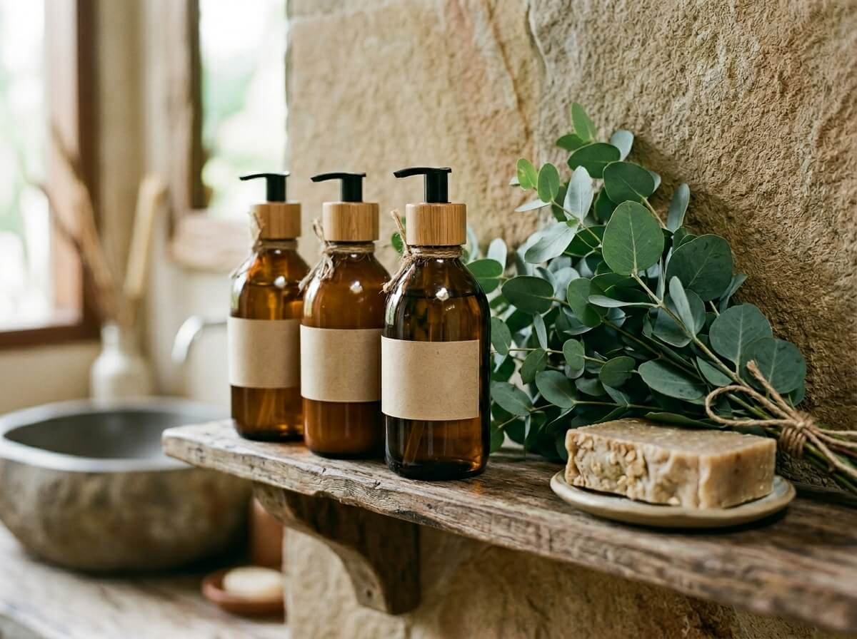 refillable natural shampoo bottles in sustainable bathroom setting