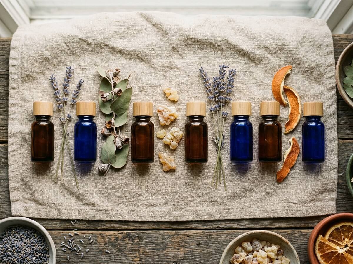 curated row of single essential oils including frankincense ylang ylang and ginger on linen surface