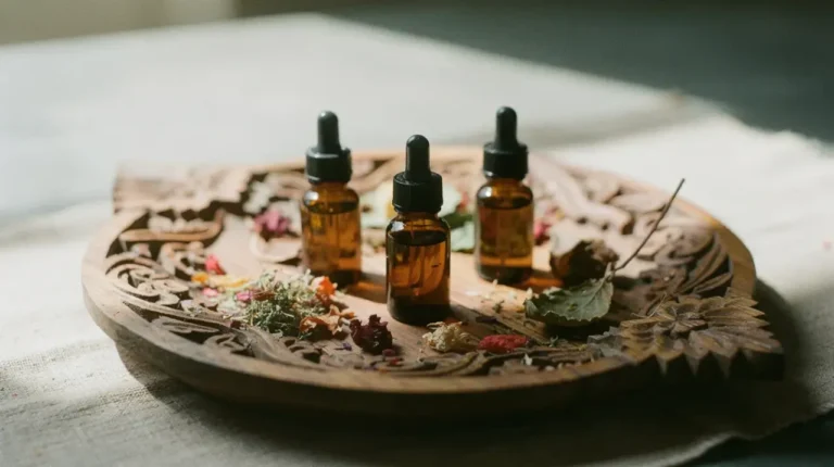 aromatherapy oils in amber dropper bottles on Balinese wooden tray