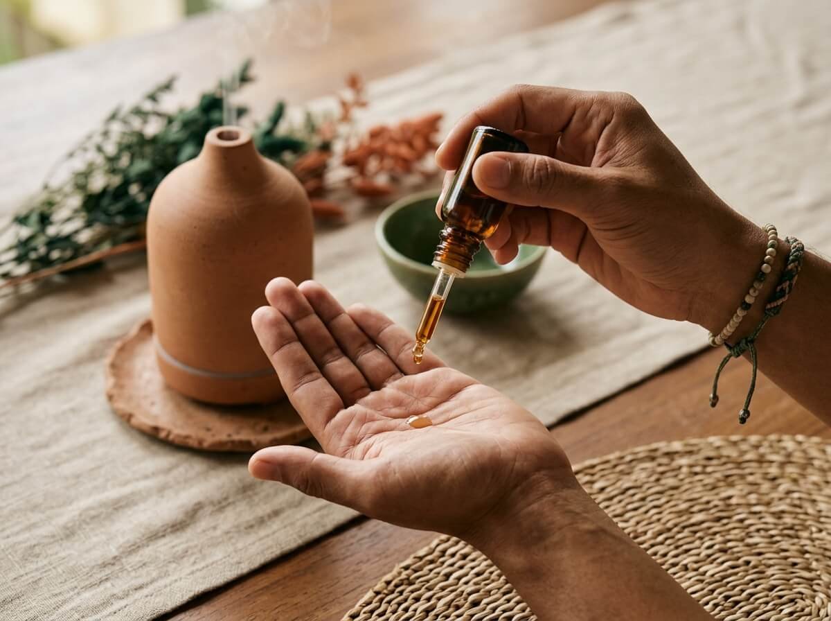 hands holding aromatherapy oil dropper above palm with diffuser steam in soft daylight