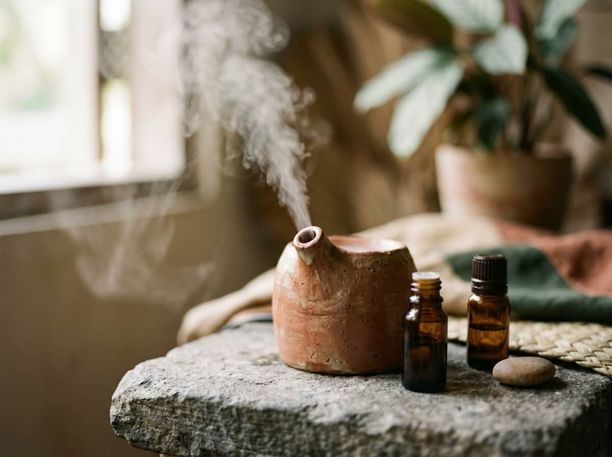 ceramic diffuser releasing soft mist beside aromatherapy oil bottles on stone surface