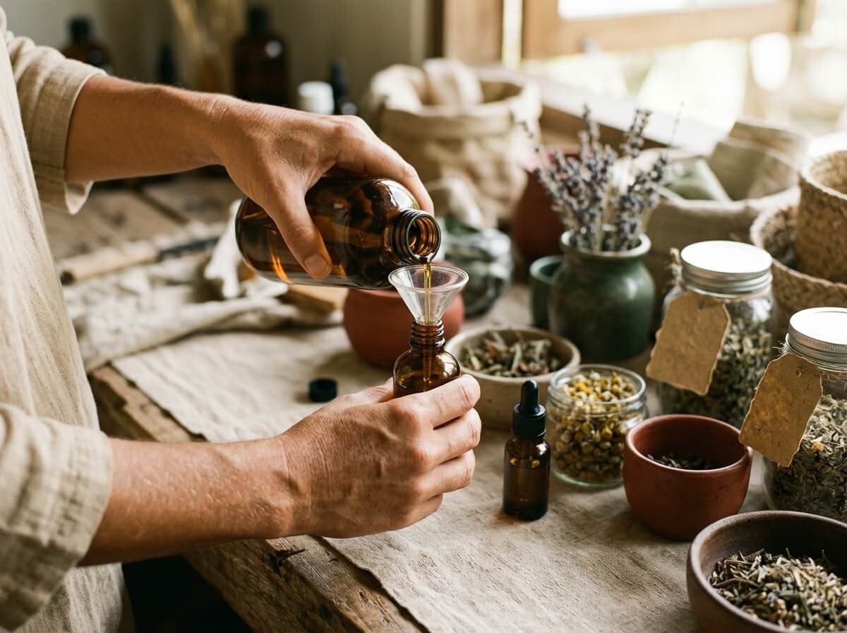 refillable aromatherapy oil bottle being topped up at refill station with botanical labels