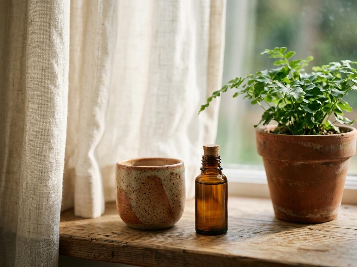 aromatherapy oils morning ritual with open window plant and ceramic vessel