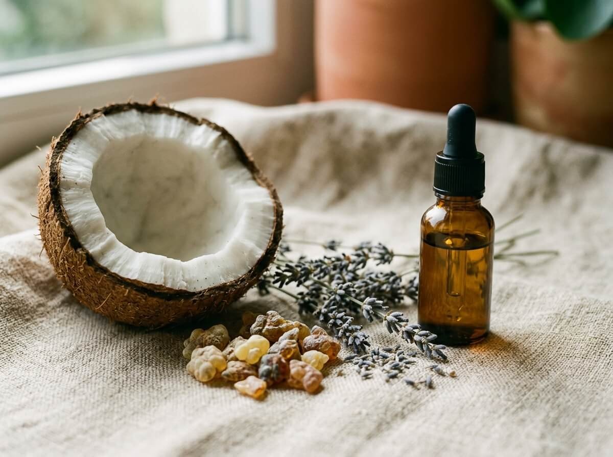 aromatherapy oils in amber dropper bottles on Balinese wooden tray